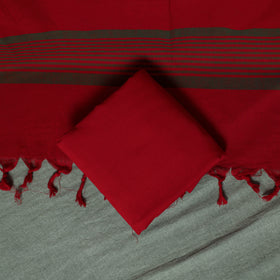 Red - Dharwad Cotton 3pc Unstitched Dress Material Suit Set with Woven Thread Border 02