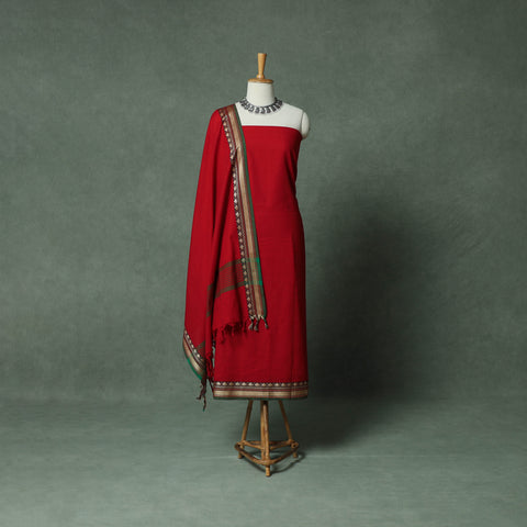 Red - Dharwad Cotton 3pc Unstitched Dress Material Suit Set with Woven Thread Border 02