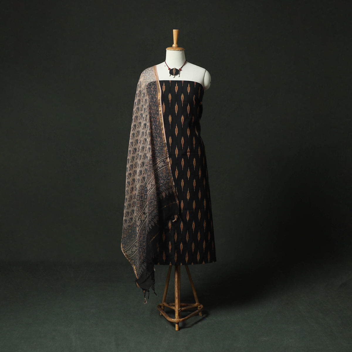 Black - pochampally ikat weave cotton 2pc unstitched dress