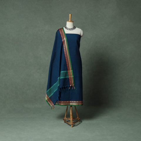 Blue - Dharwad Cotton 3pc Unstitched Dress Material Suit Set with Woven Thread Border 01
