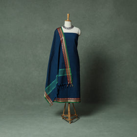 Blue - Dharwad Cotton 3pc Unstitched Dress Material Suit Set with Woven Thread Border 01