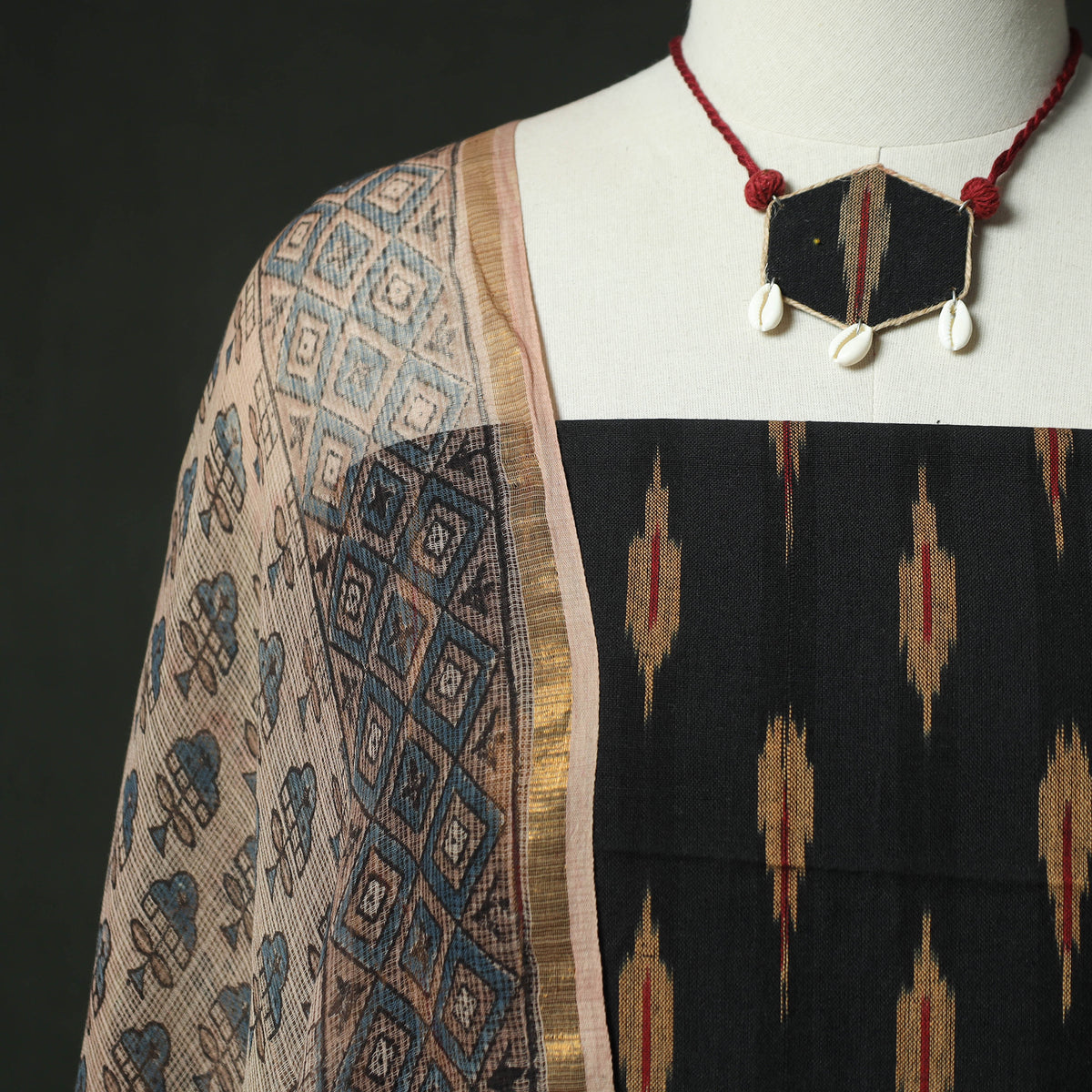 Black - pochampally ikat weave cotton 2pc unstitched dress