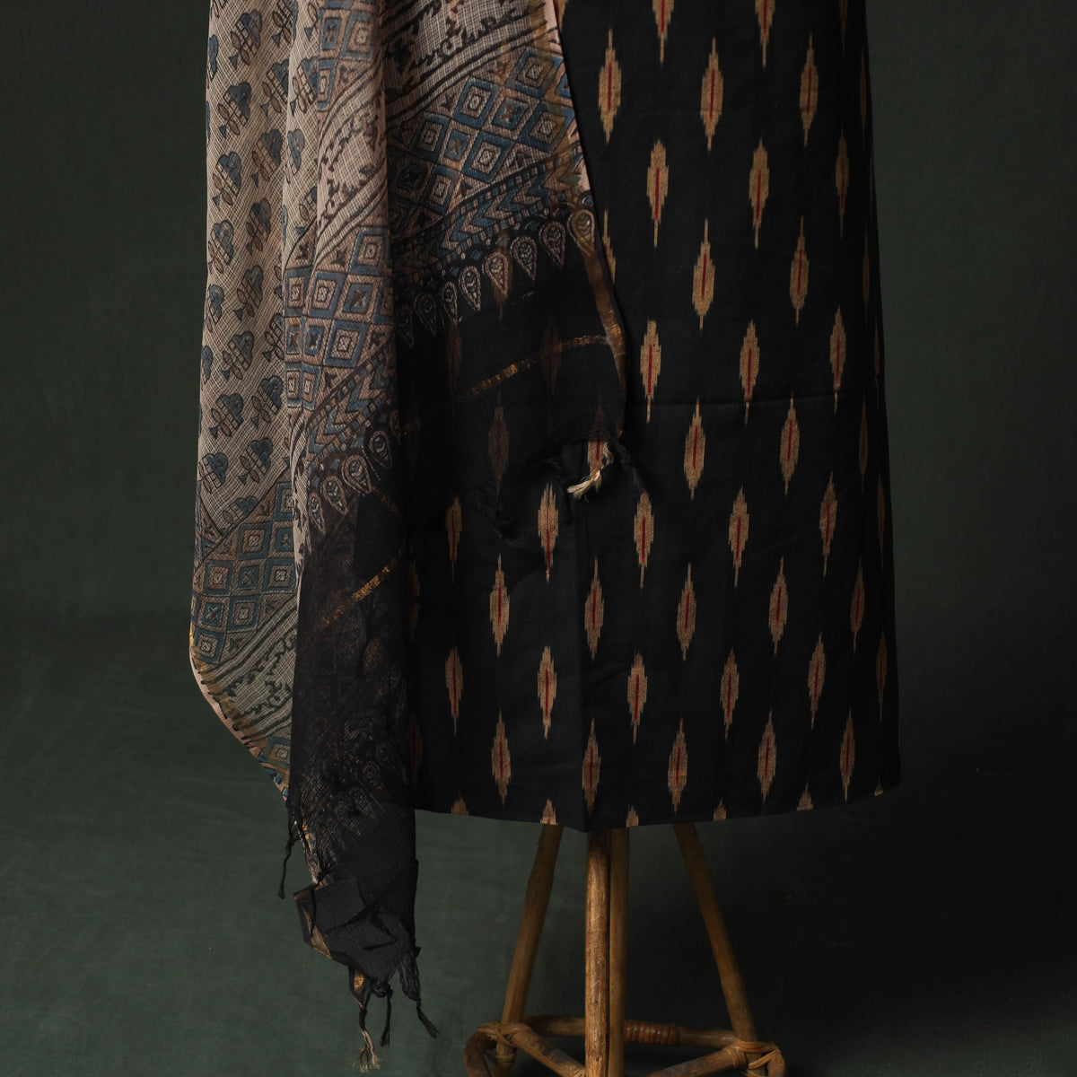 Black - pochampally ikat weave cotton 2pc unstitched dress