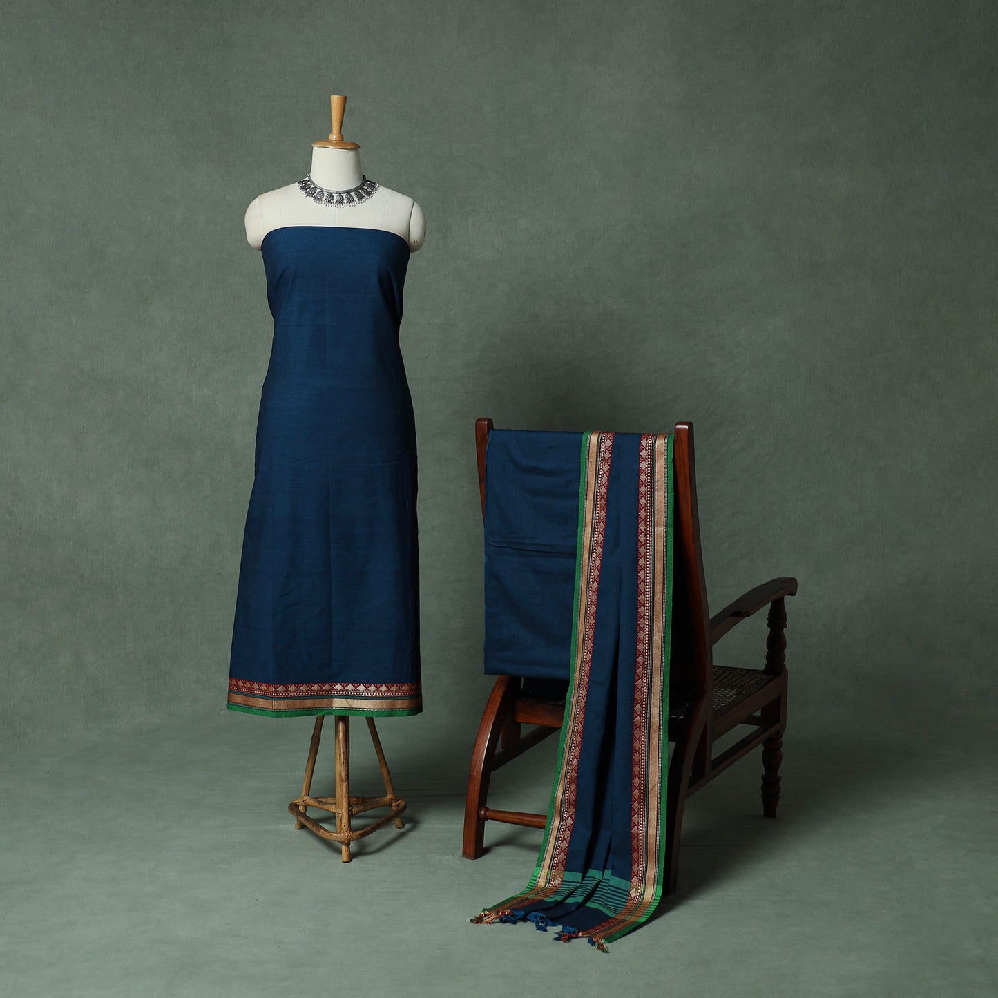 Blue - Dharwad Cotton 3pc Unstitched Dress Material Suit Set with Woven Thread Border 01