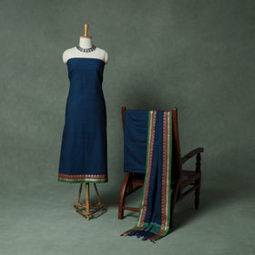 Blue - Dharwad Cotton 3pc Unstitched Dress Material Suit Set with Woven Thread Border 01