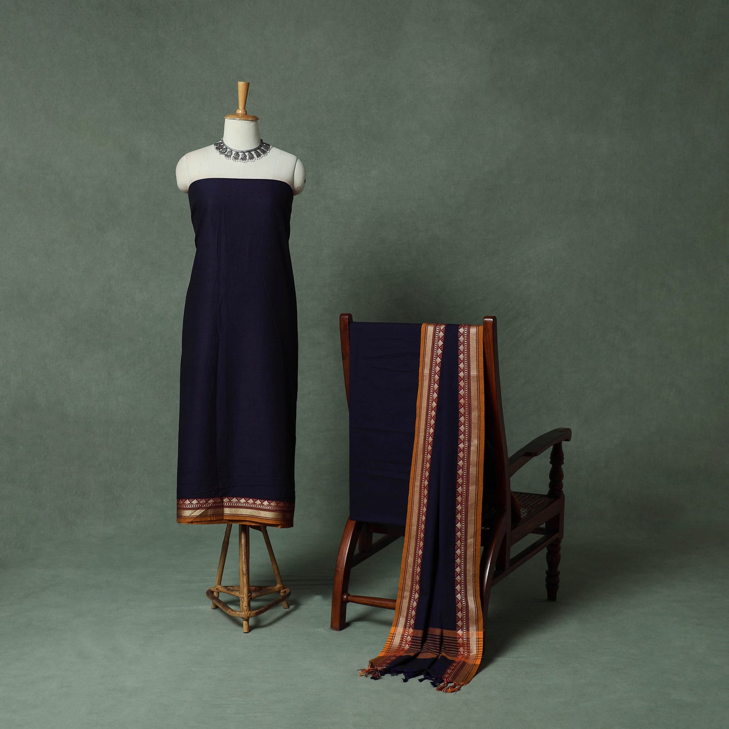 Blue - Dharwad Cotton 3pc Unstitched Dress Material Suit Set with Woven Thread Border 03