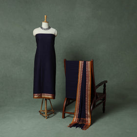 Blue - Dharwad Cotton 3pc Unstitched Dress Material Suit Set with Woven Thread Border 03
