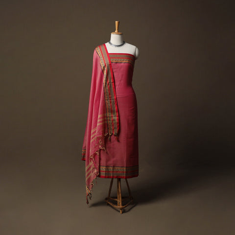 Pink - Dharwad Mercerised Cotton 3pc Unstitched Dress Material Suit Set with Woven Border 60