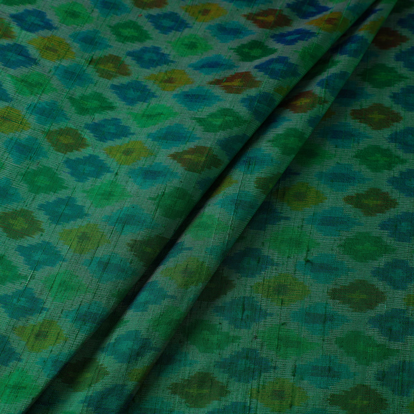 Green - Pochampally Ikat Weave Handloom Pure Raw Silk Fabric 11