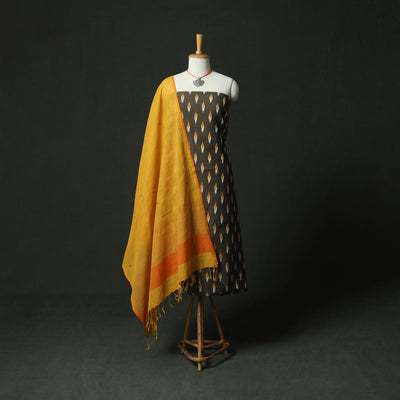 Grey - Pochampally Ikat Weave Cotton 2pc Unstitched Dress Material Kurta Set with Jewellery 13