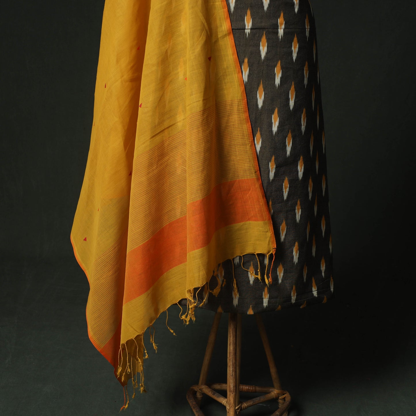 Grey - Pochampally Ikat Weave Cotton 2pc Unstitched Dress Material Kurta Set with Jewellery 13