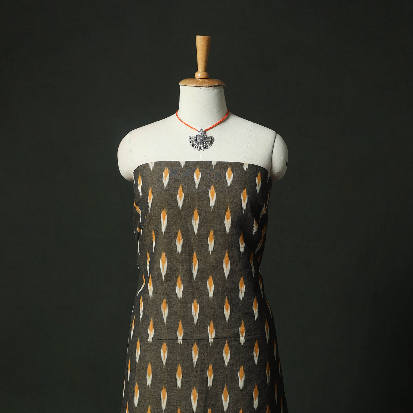 Grey - Pochampally Ikat Weave Cotton 2pc Unstitched Dress Material Kurta Set with Jewellery 13