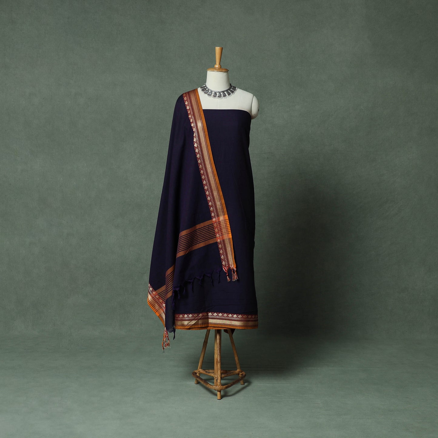 Blue - Dharwad Cotton 3pc Unstitched Dress Material Suit Set with Woven Thread Border 03