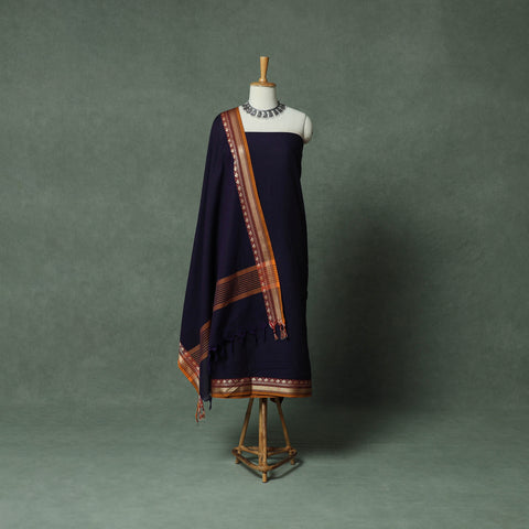 Blue - Dharwad Cotton 3pc Unstitched Dress Material Suit Set with Woven Thread Border 03