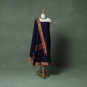Blue - Dharwad Cotton 3pc Unstitched Dress Material Suit Set with Woven Thread Border 03