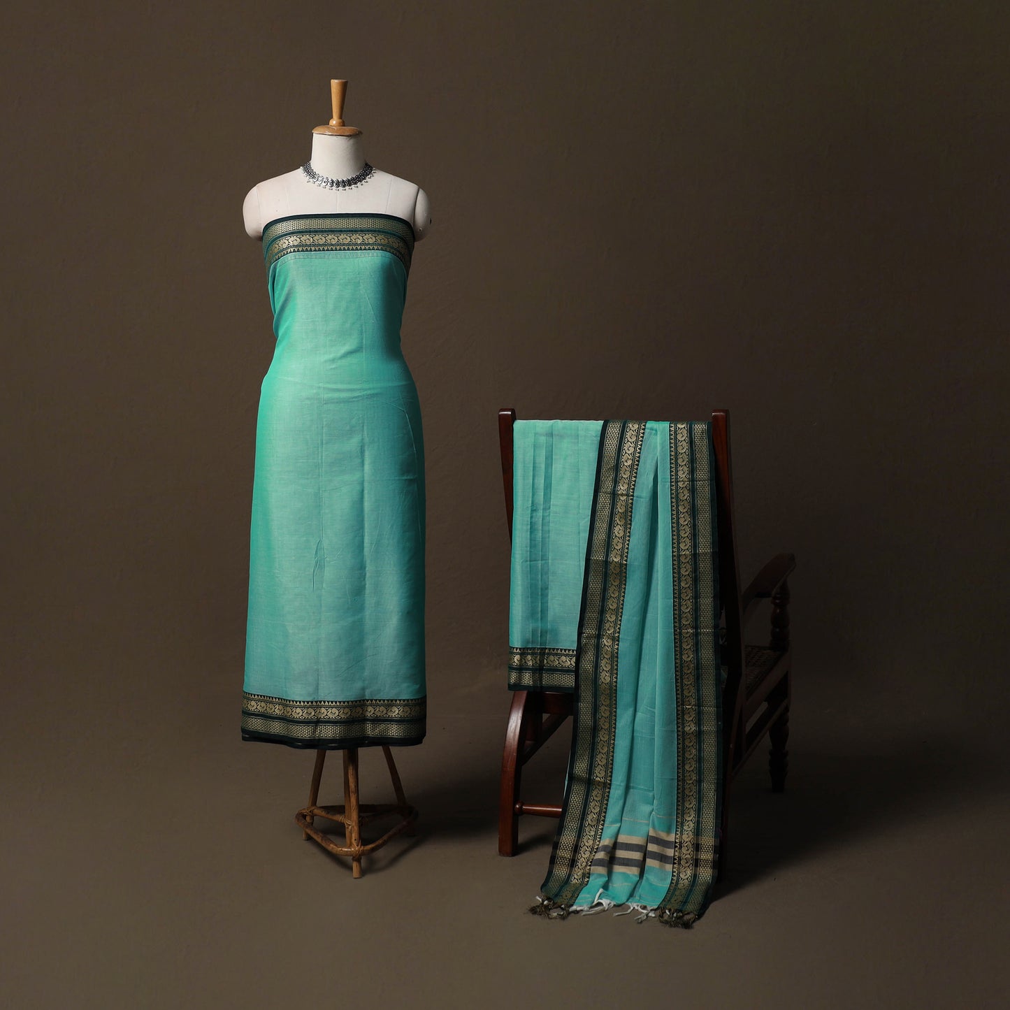 Dharwad Mercerised Cotton 3pc Unstitched Dress Material Suit Set with Woven Border 61