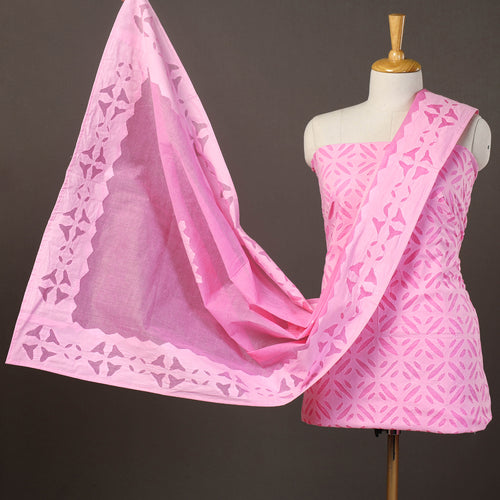 Pink - 3pc Cut Work Cotton Barmer Applique Dress Material 32