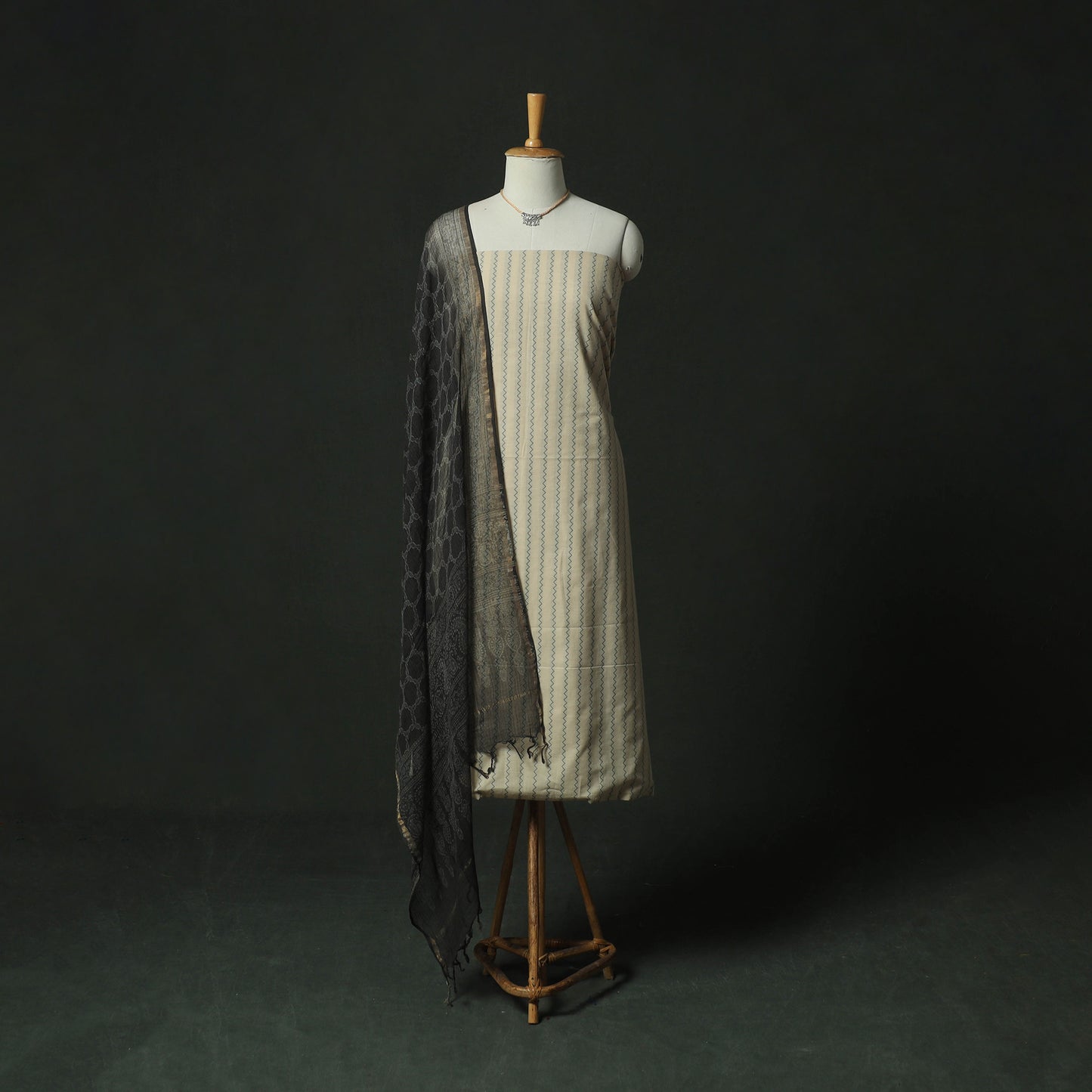 Beige - Jacquard Woven Cotton 2pc Unstitched Dress Material Kurta Set with Jewellery 14