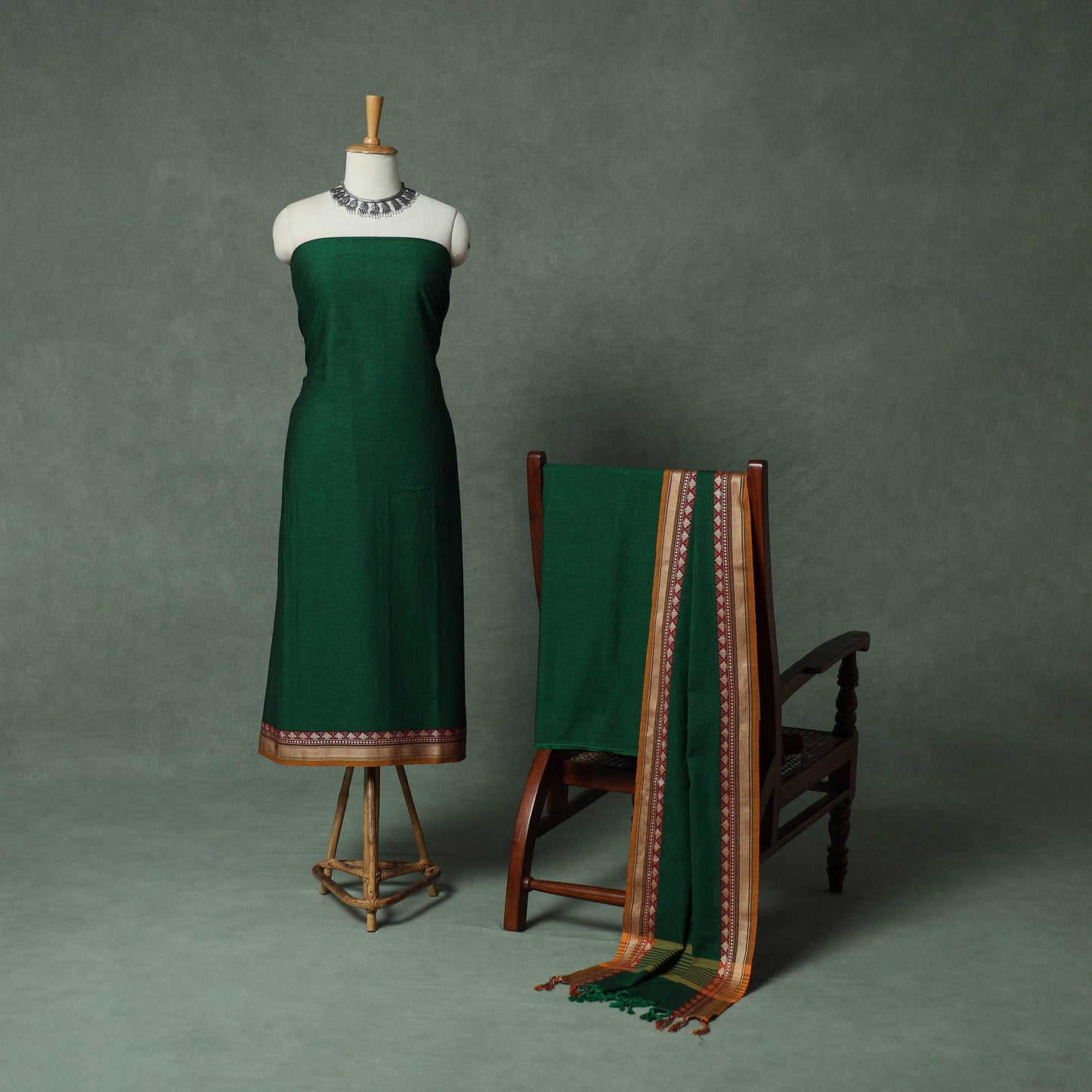 Green - Dharwad Cotton 3pc Unstitched Dress Material Suit Set with Woven Thread Border 04