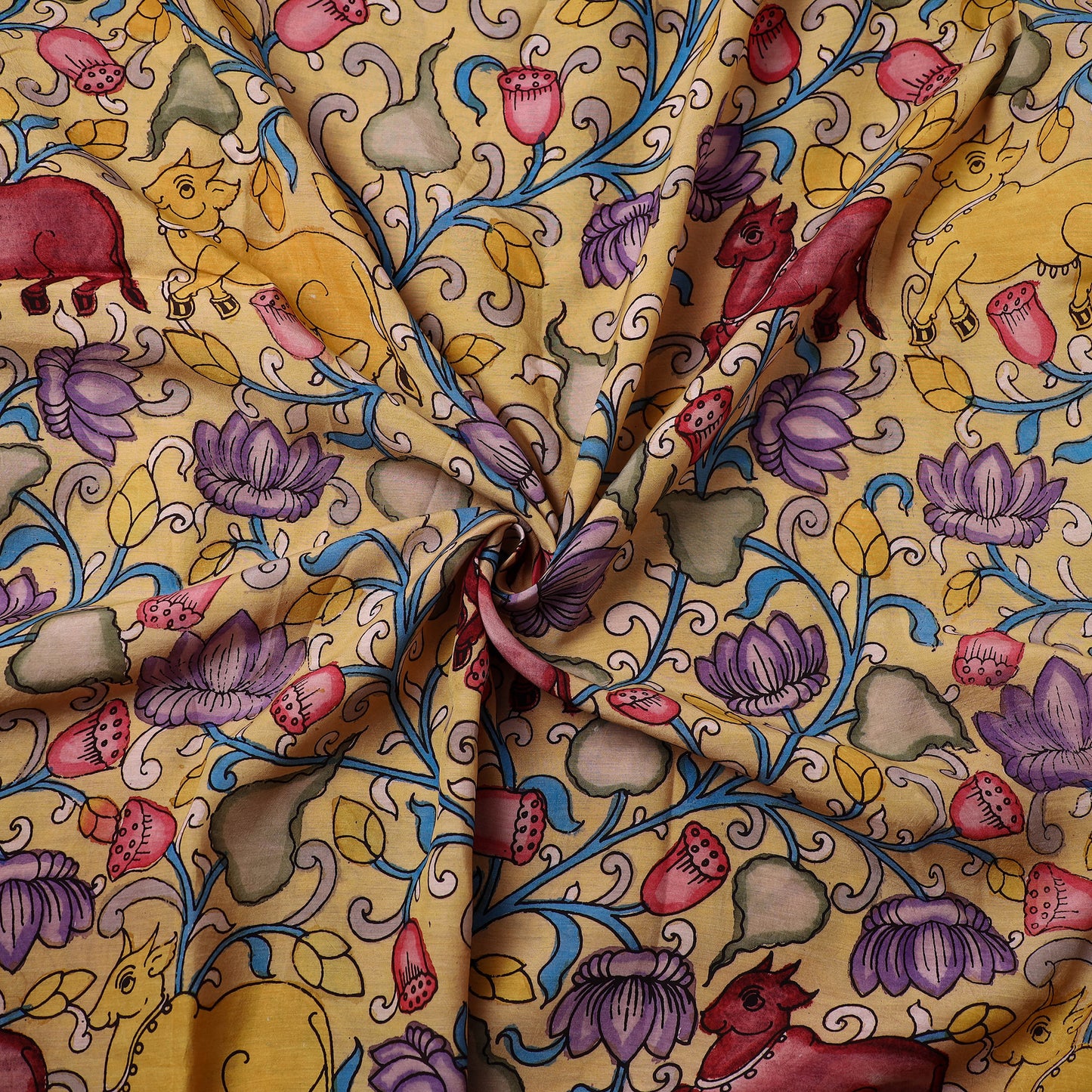 Yellow Chanderi Silk Srikalahasti Pen Kalamkari Fabric