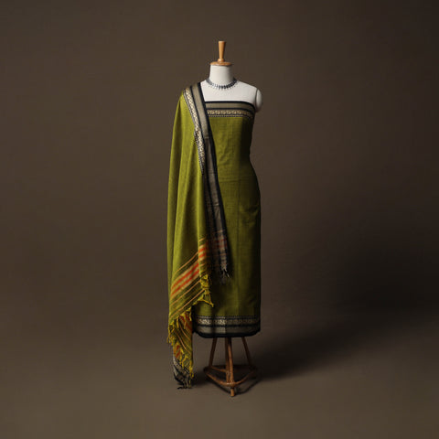 Green - Dharwad Mercerised Cotton 3pc Unstitched Dress Material Suit Set with Woven Border 62