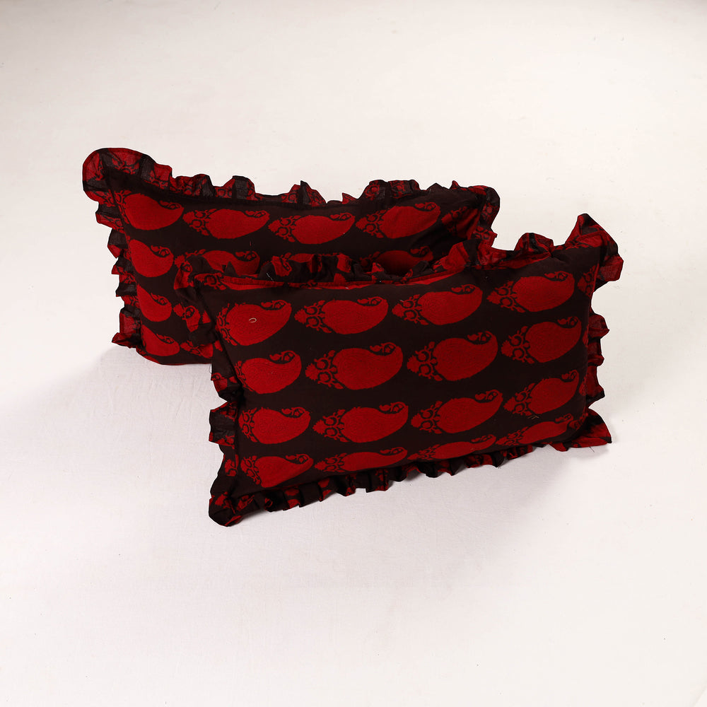 Black - Set of 2 Bagh Block Print Cotton Frill Pillow Covers 07