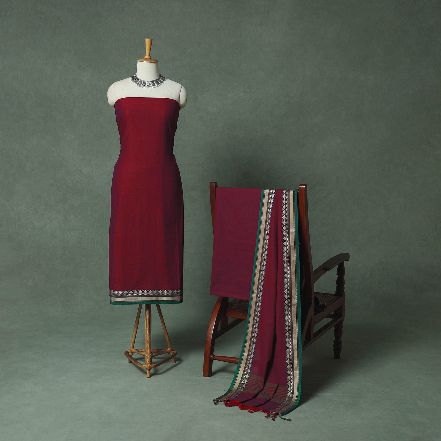 Maroon - Dharwad Cotton 3pc Unstitched Dress Material Suit Set with Woven Thread Border 05