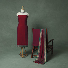Maroon - Dharwad Cotton 3pc Unstitched Dress Material Suit Set with Woven Thread Border 05