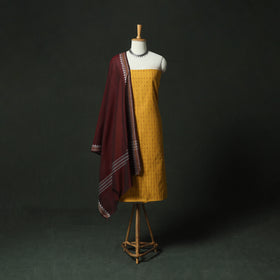 Yellow - Jacquard Woven Cotton 2pc Unstitched Dress Material Kurta Set with Earrings 15