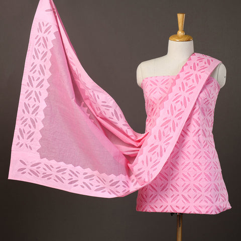 Pink - 3pc Cut Work Cotton Barmer Applique Dress Material 35