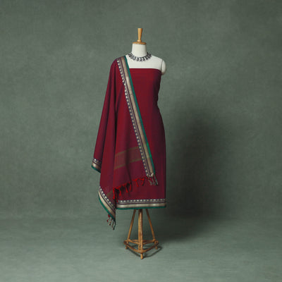 Maroon - Dharwad Cotton 3pc Unstitched Dress Material Suit Set with Woven Thread Border 05