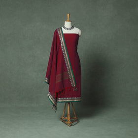 Maroon - Dharwad Cotton 3pc Unstitched Dress Material Suit Set with Woven Thread Border 05