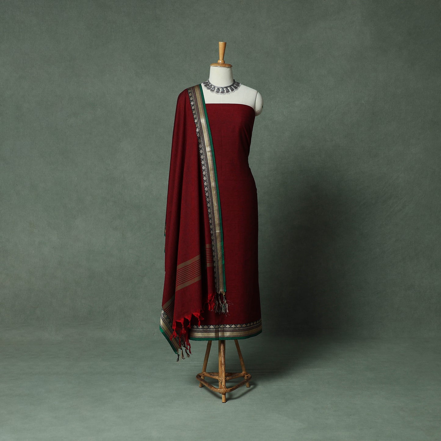 Maroon - Dharwad Cotton 3pc Unstitched Dress Material Suit Set with Woven Thread Border 06