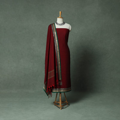 Maroon - Dharwad Cotton 3pc Unstitched Dress Material Suit Set with Woven Thread Border 06
