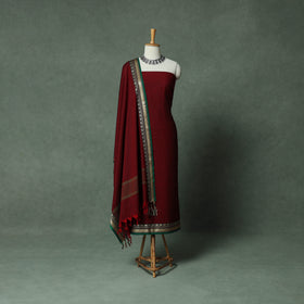 Maroon - Dharwad Cotton 3pc Unstitched Dress Material Suit Set with Woven Thread Border 06