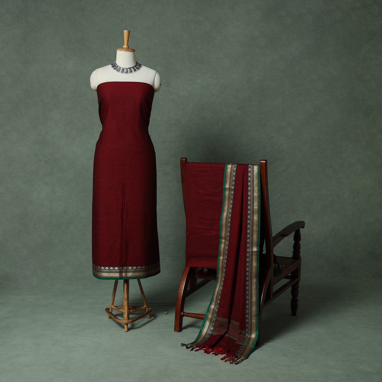 Maroon - Dharwad Cotton 3pc Unstitched Dress Material Suit Set with Woven Thread Border 06