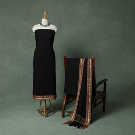 Black - Dharwad Cotton 3pc Unstitched Dress Material Suit Set with Woven Thread Border 07