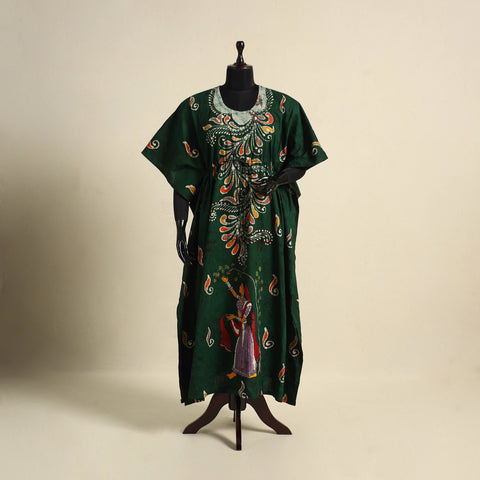Green - cotton hand batik kaftan with tie-up waist (long)