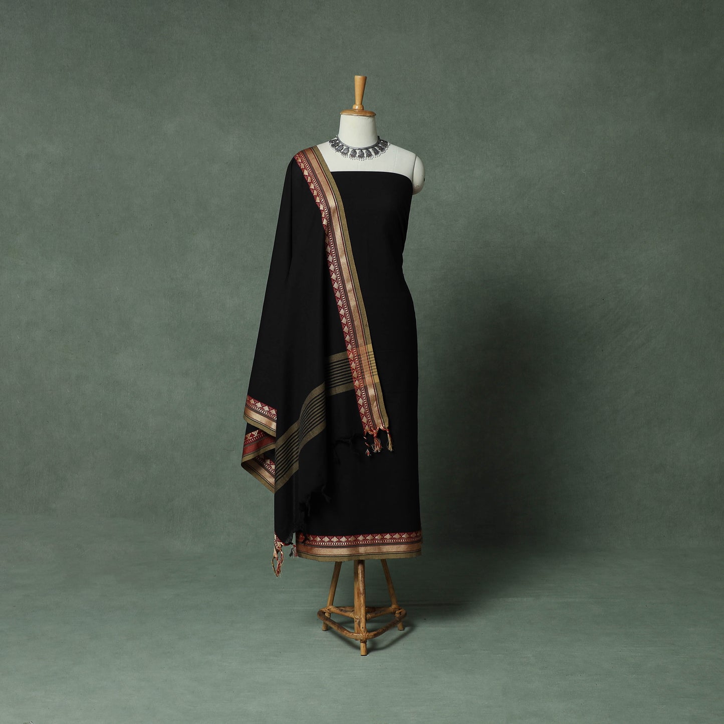 Black - Dharwad Cotton 3pc Unstitched Dress Material Suit Set with Woven Thread Border 07
