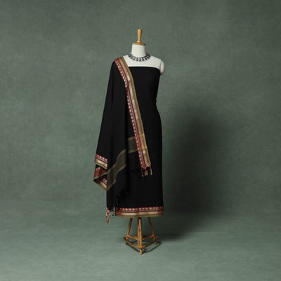 Black - Dharwad Cotton 3pc Unstitched Dress Material Suit Set with Woven Thread Border 07