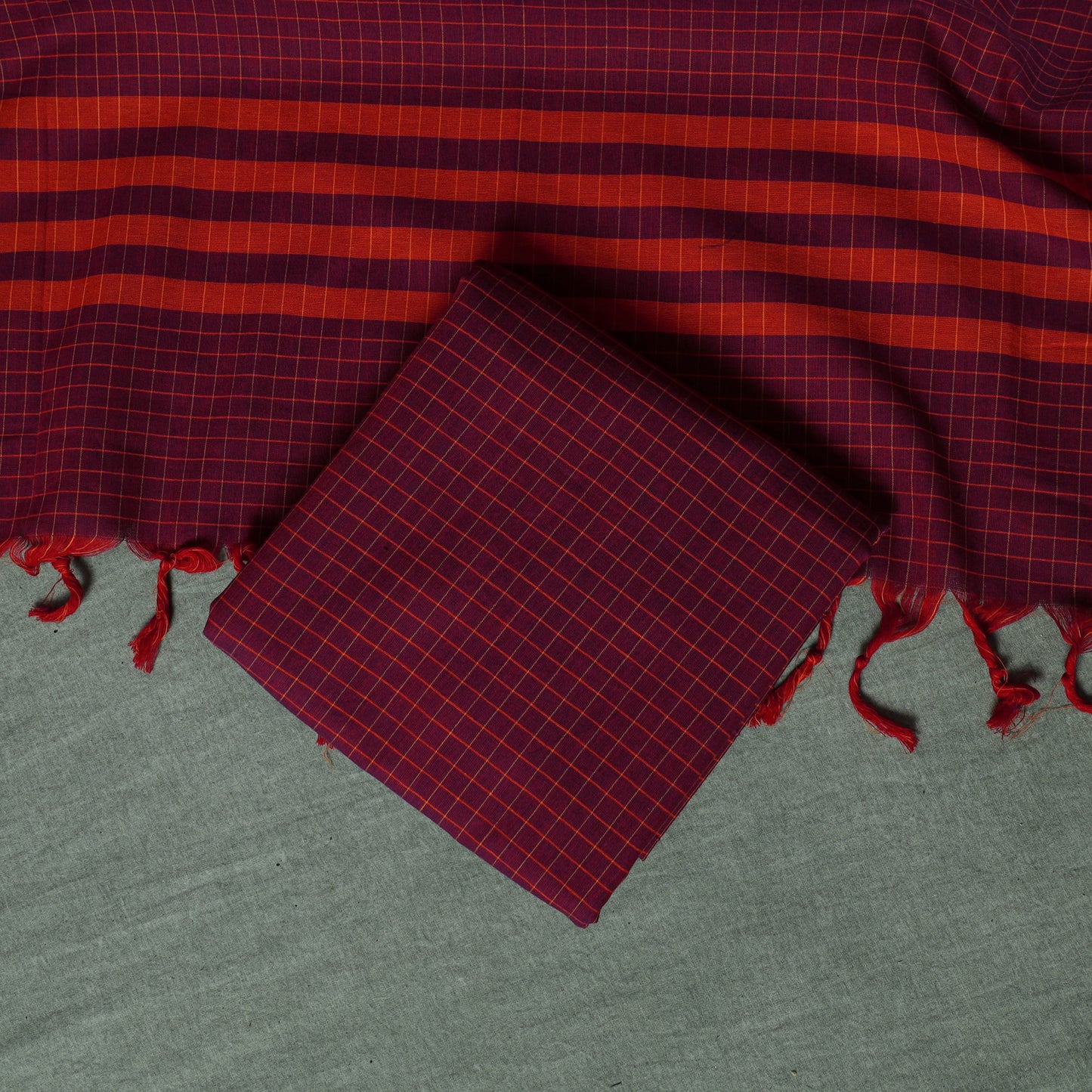 Pink - Dharwad Checks Cotton 3pc Unstitched Dress Material Suit Set with Woven Thread Border 08