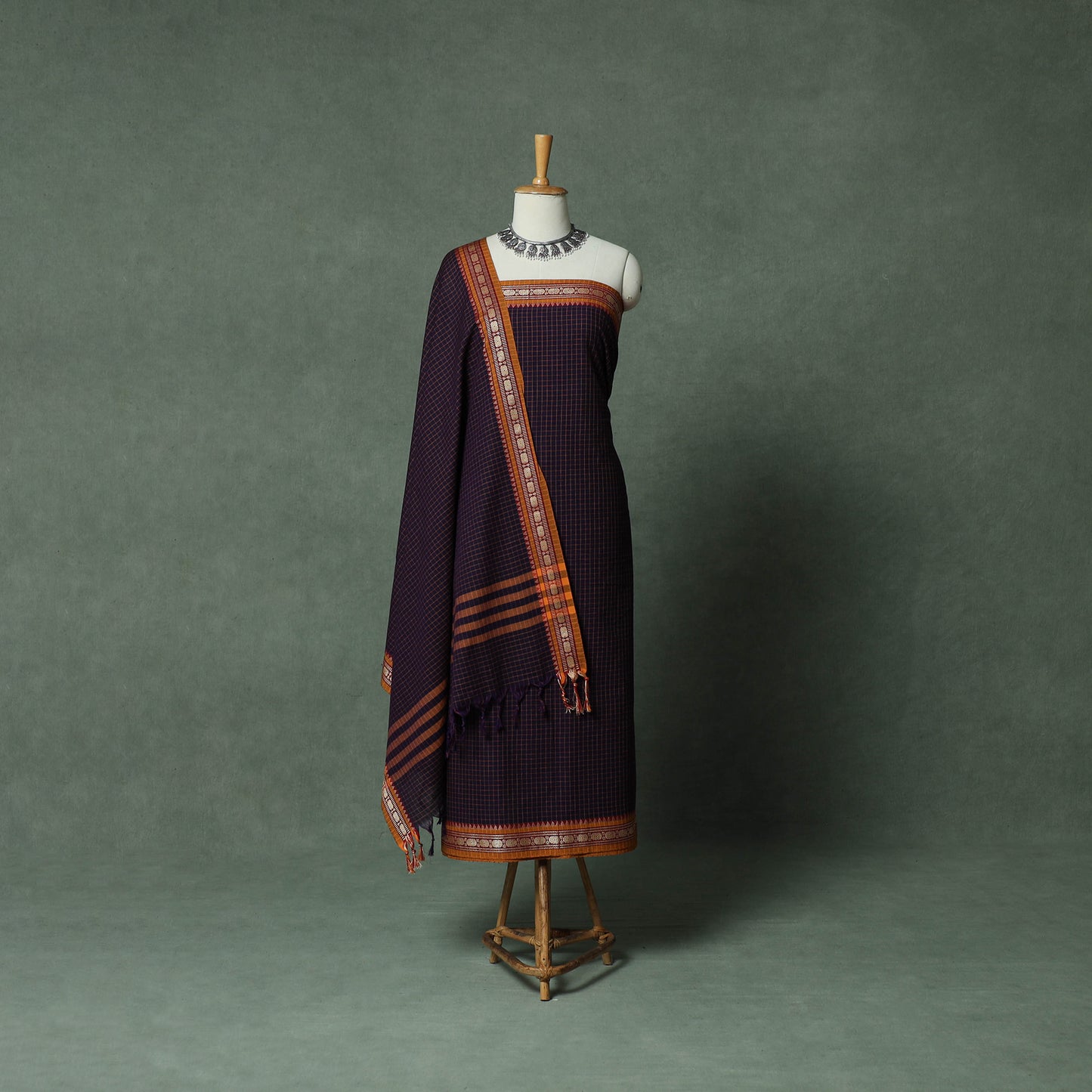 Purple - Dharwad Checks Cotton 3pc Unstitched Dress Material Suit Set with Woven Thread Border 09