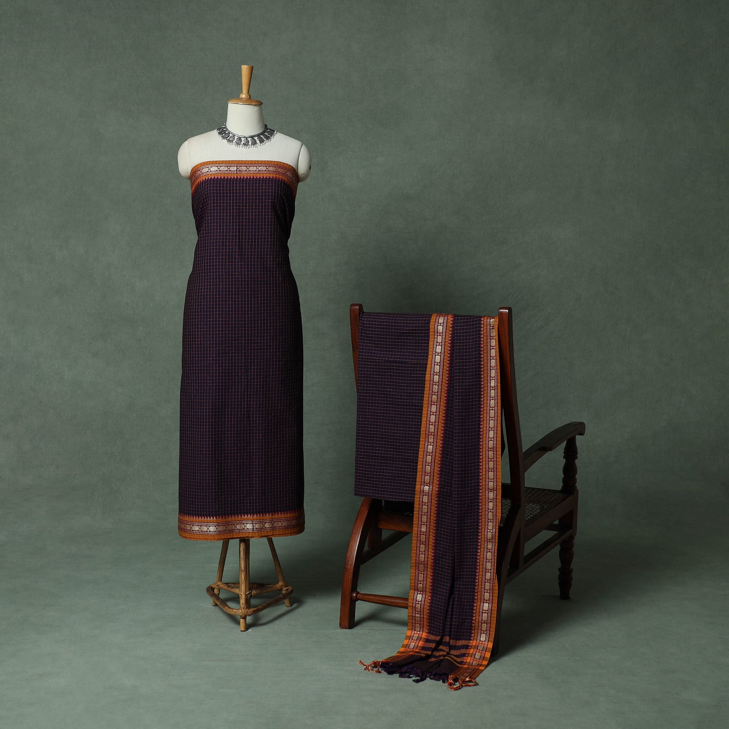 Purple - Dharwad Checks Cotton 3pc Unstitched Dress Material Suit Set with Woven Thread Border 09