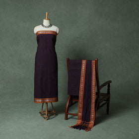 Purple - Dharwad Checks Cotton 3pc Unstitched Dress Material Suit Set with Woven Thread Border 09