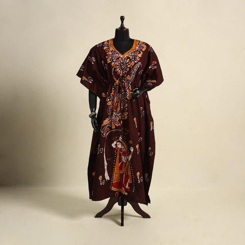 Brown - cotton hand batik kaftan with tie-up waist (long)