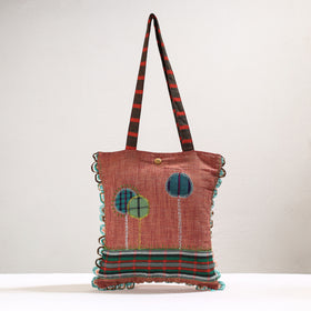 Brown Handmade Gamcha Fabric Embroidered Applique Work Hand Bag