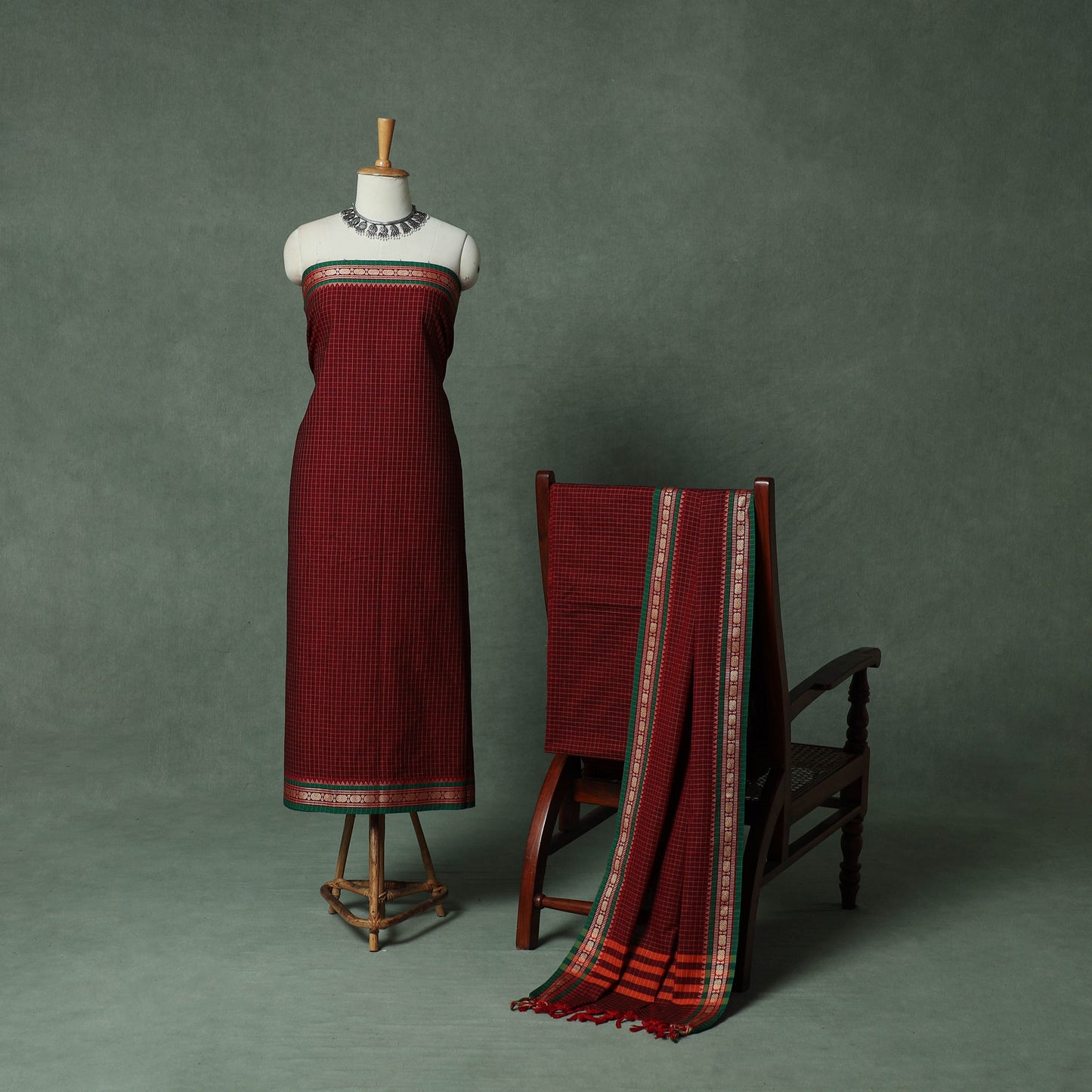 Maroon - Dharwad Checks Cotton 3pc Unstitched Dress Material Suit Set with Woven Thread Border 10