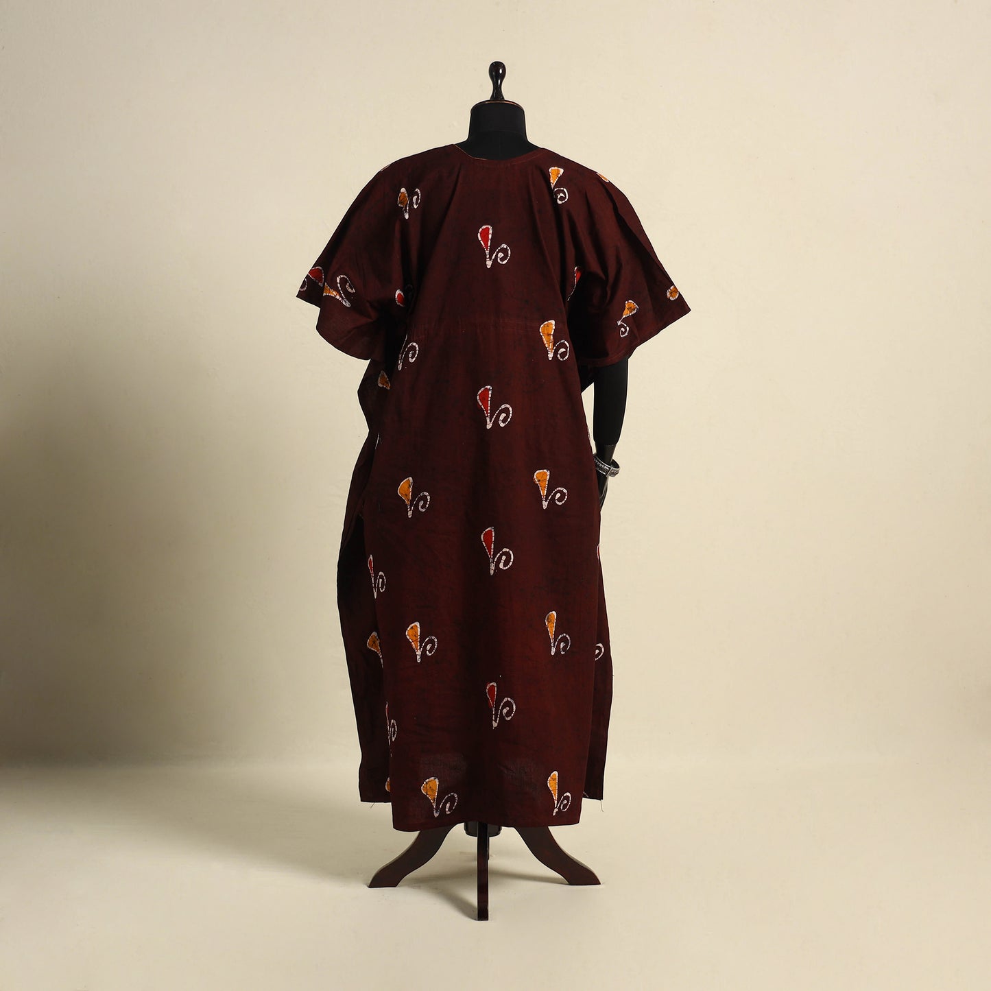 Brown - cotton hand batik kaftan with tie-up waist (long)