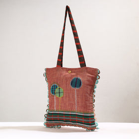 Brown Handmade Gamcha Fabric Embroidered Applique Work Hand Bag