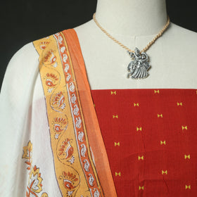 Red - Jacquard Woven Cotton 2pc Unstitched Dress Material Kurta Set with Jewellery 19